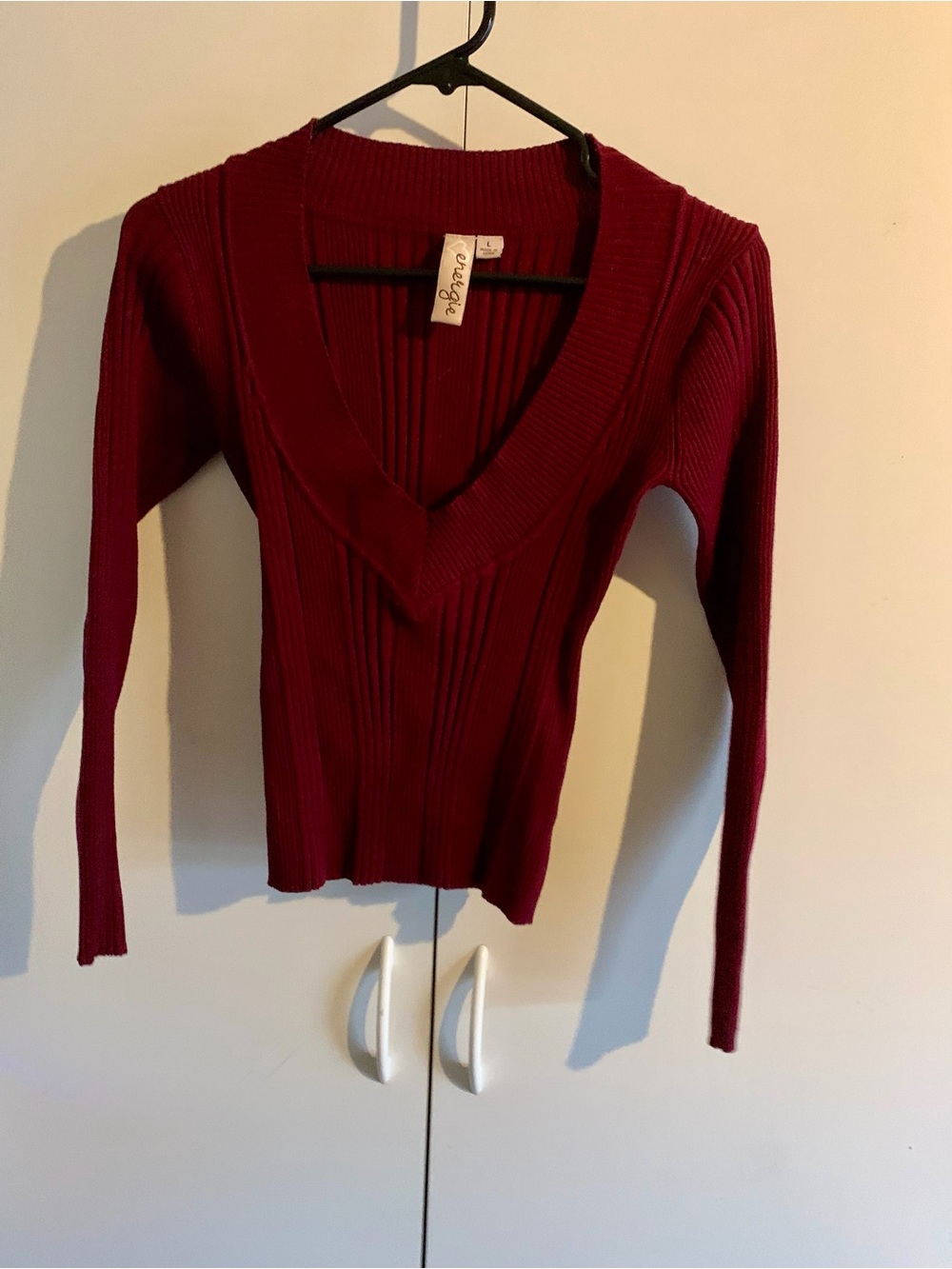 Energie Deep V-Neck Ribbed Sweater in Burgundy #0004